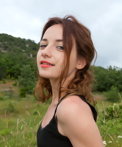 Woman with hairy pussy poses in mountains this cloudy day